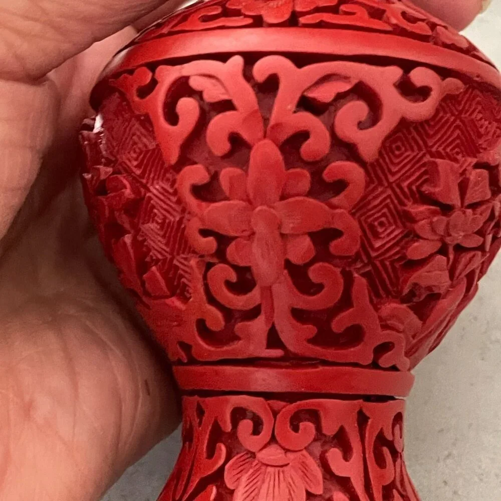 Vintage Red Cinnabar Blue Enamel Brass Hand Carved Lacquer Bud Small Vase 4.25